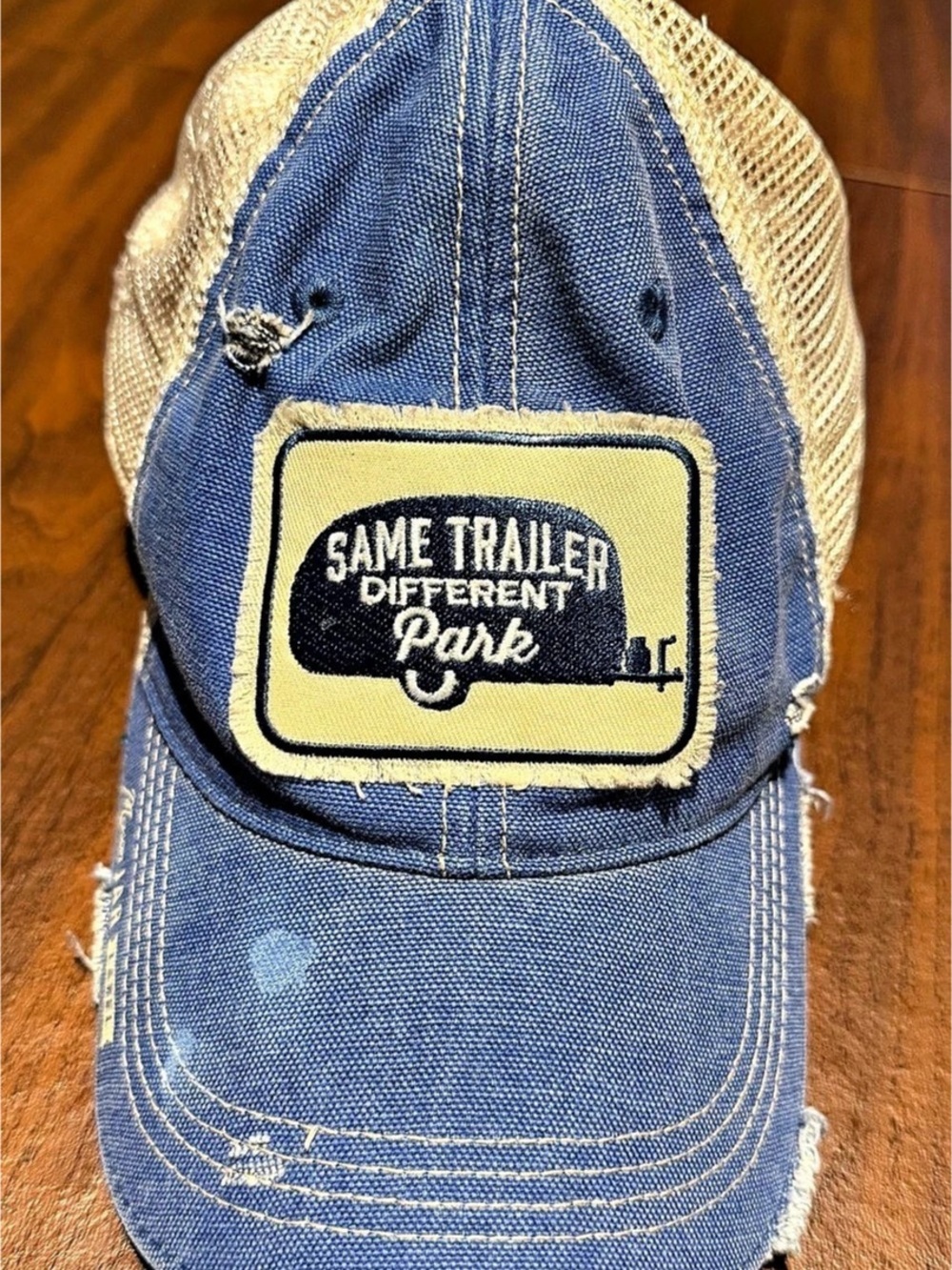 Mason Jar Label Same Trailer Different Park Trucker Hat Blue & Green